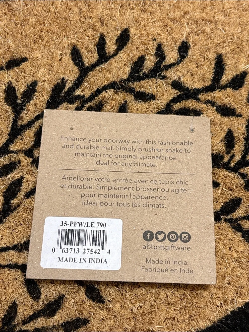 Abbott Home Collection natural Coir Tree of Life Balcony Mat w/Border 10x30 NWT
